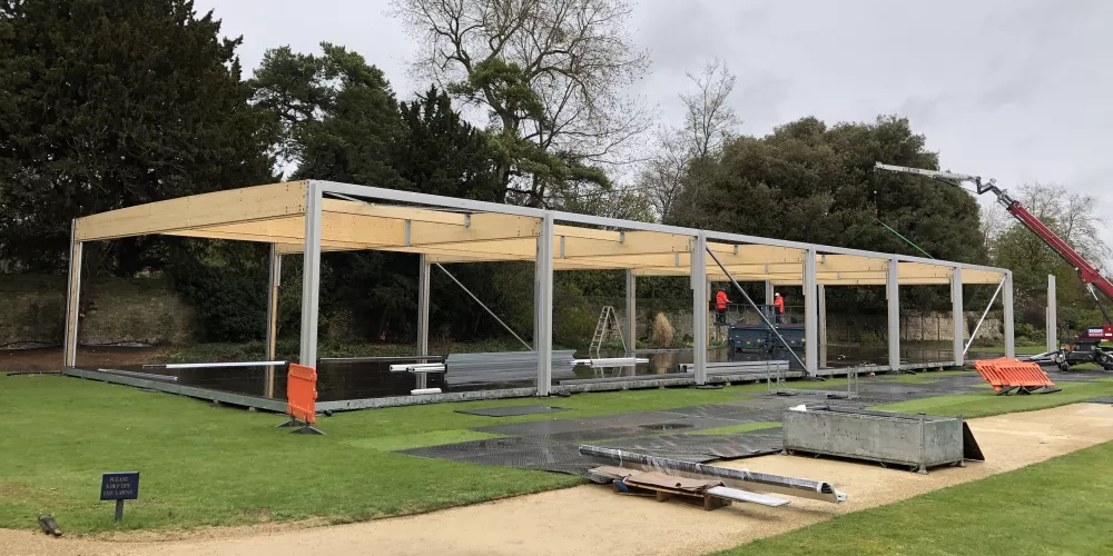The outer shell of the temporary Lawns Pavilion building.
