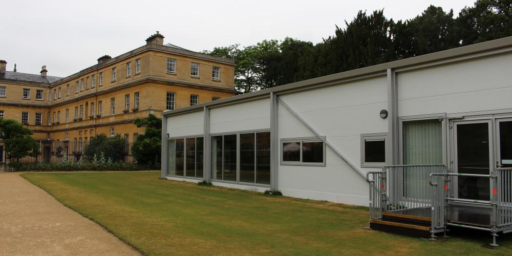 The completed Lawns Pavilion sits next to the Garden Quad building.