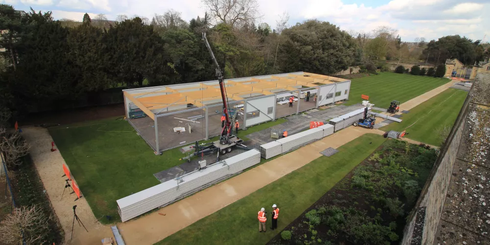 An aerial view of the construction process for the temporary Lawns Pavilion.