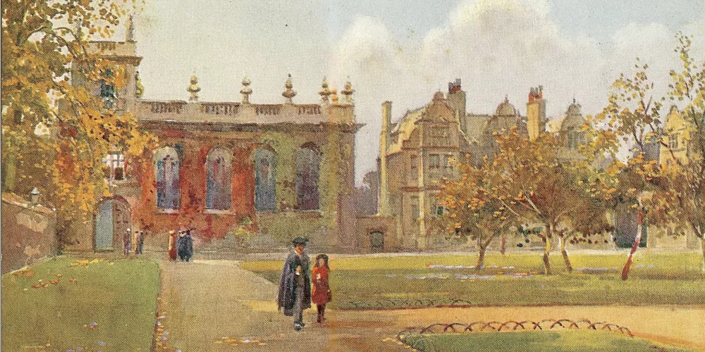 A coloured drawing of the Trinity front quad. 