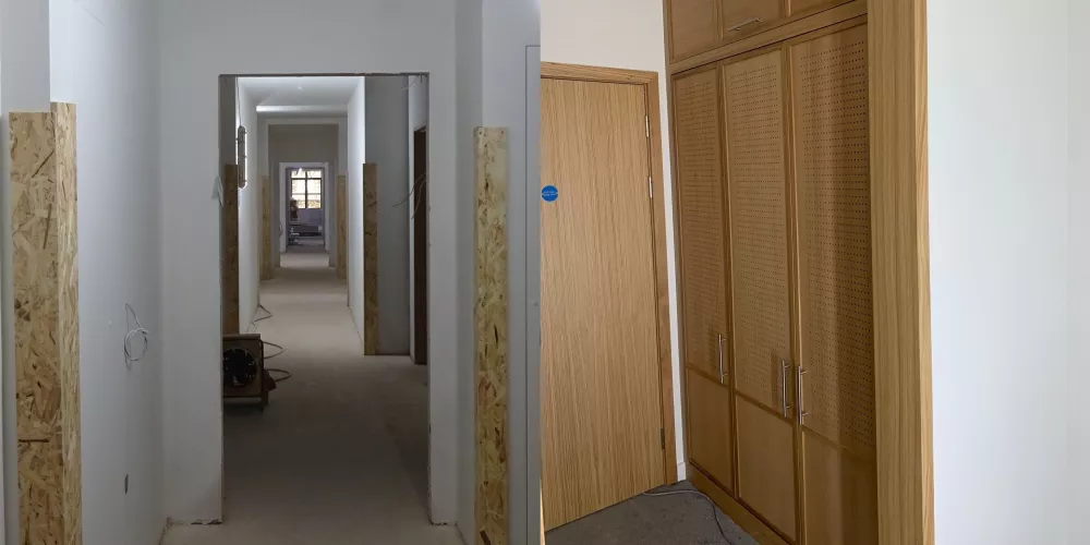 Side by side images of a corridor and a cupboard inside the Levine Building.