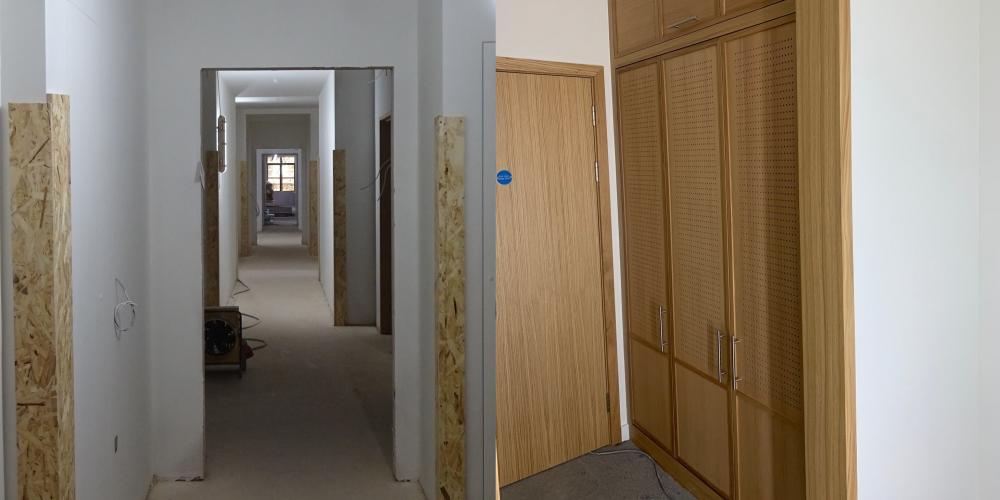 Side by side images of a corridor and a cupboard inside the Levine Building.