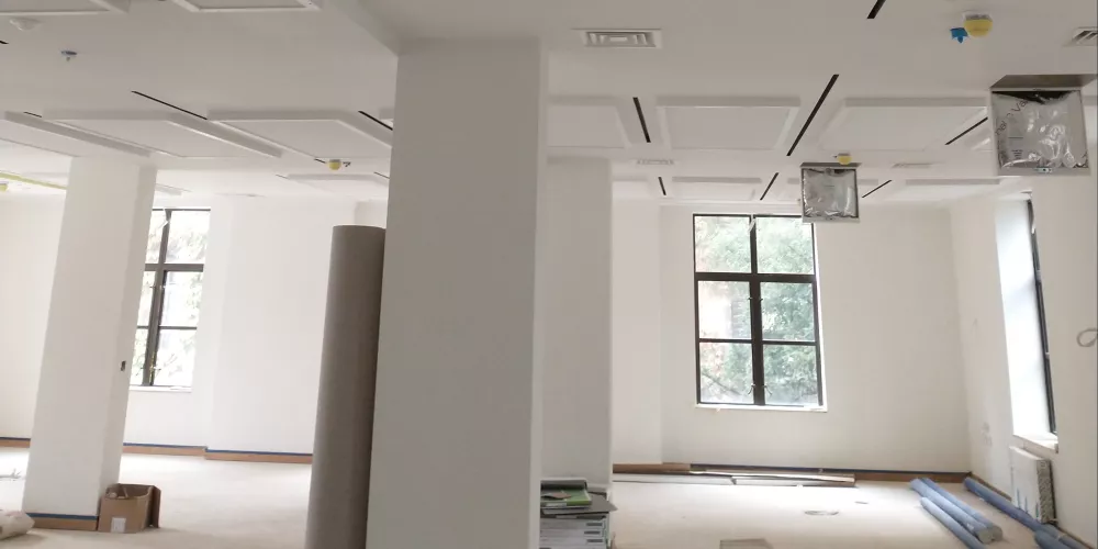 A view of a nearly-finished administrative office in the Levine Building.