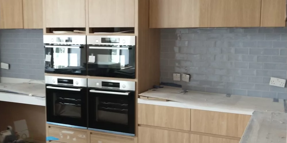 A nearly finished kitchen interior in the new Levine Building.