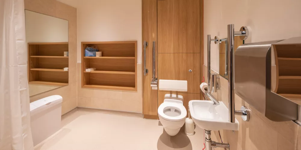An accessible bathroom in the Levine Building basement.