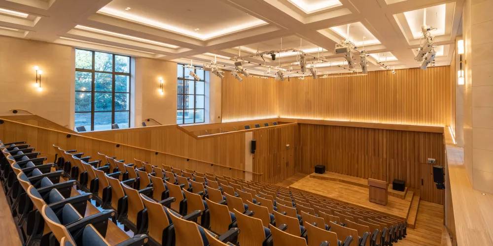 The Levine Building auditorium as seen from the back row of seating.