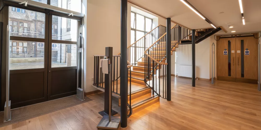 A stairwell in the Levine Building.