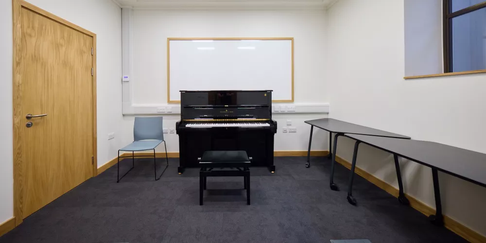 The piano and set up in Music Room 2 of the Levine Building.