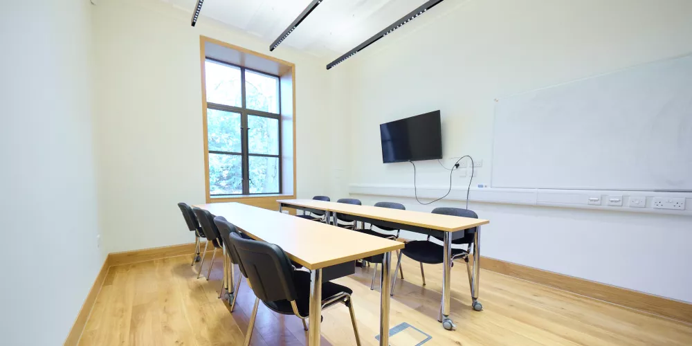 Levine Building Meeting Room 2 set up boardroom style.