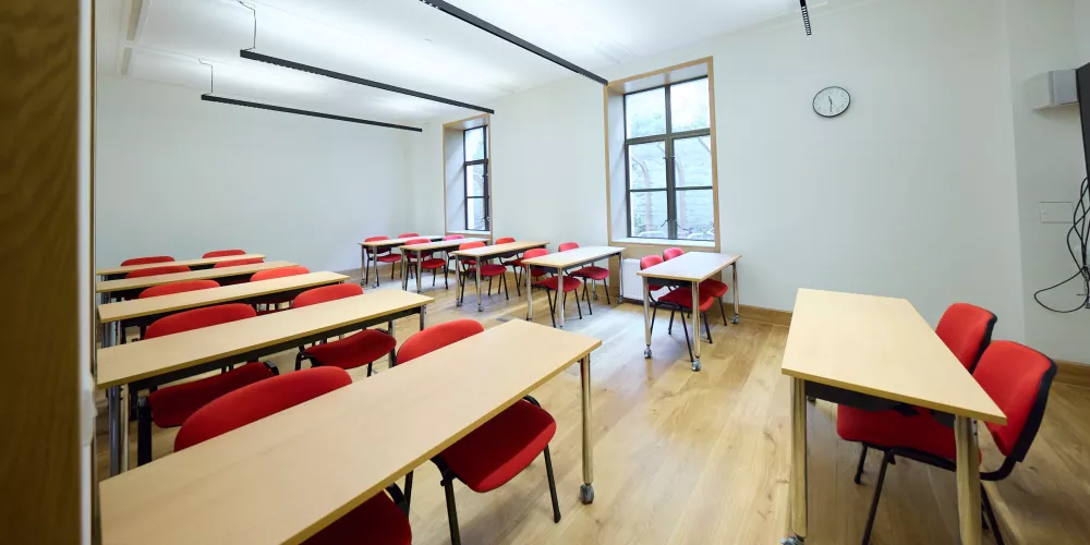 Levine Building Meeting Room 5 set up classroom style.
