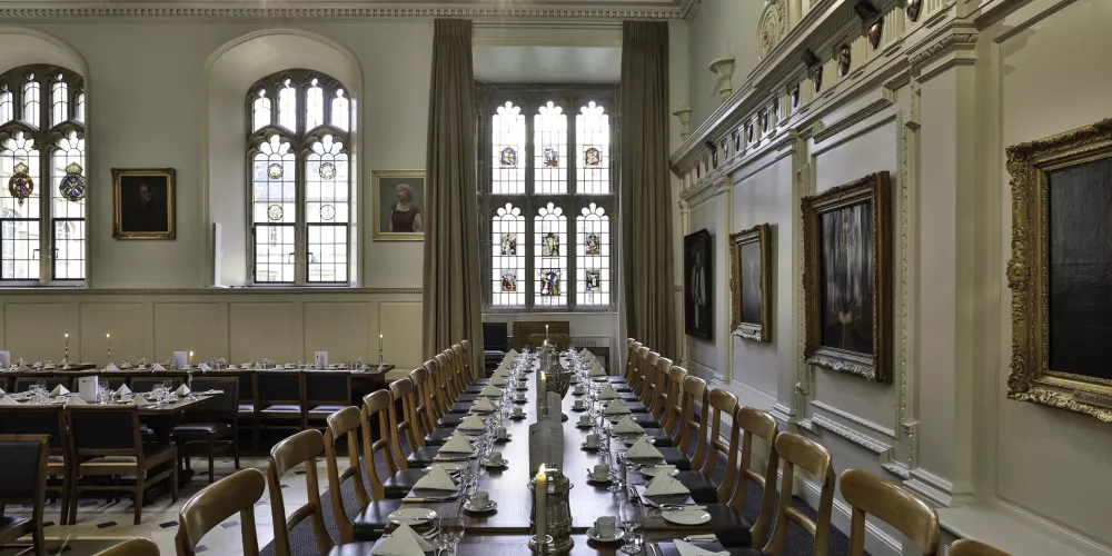 Close up of a table setting in the new Trinity dining hall.