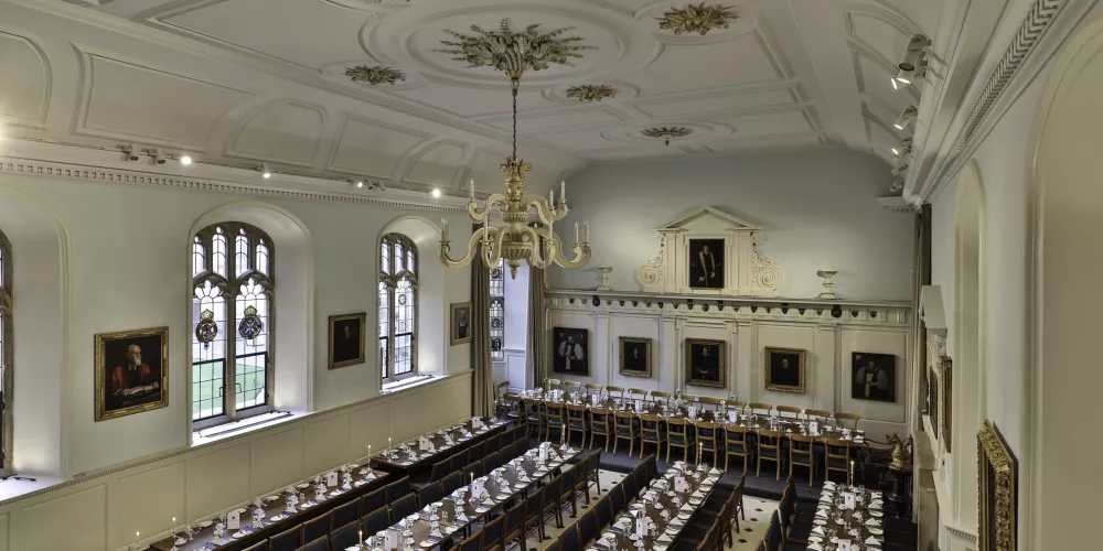 The Trinity dinng hall as seen from the gallery above.
