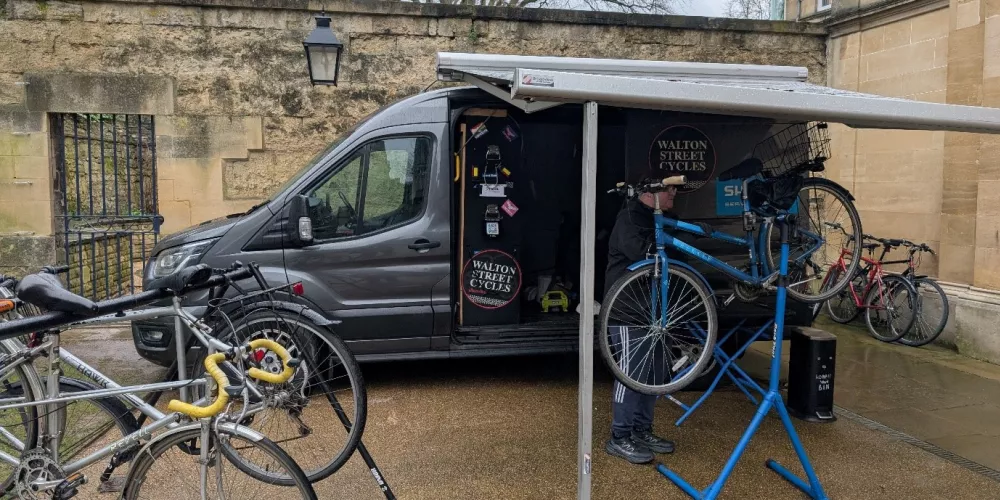 The Bike Doctor van set up in Trinity's front quad.