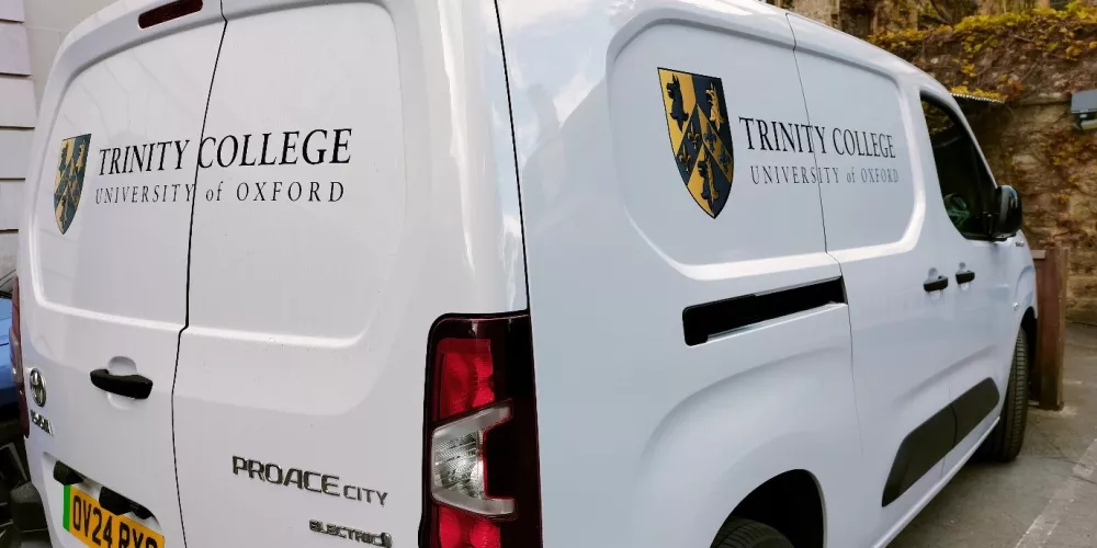 Trinity's electric van as seen from the back. 