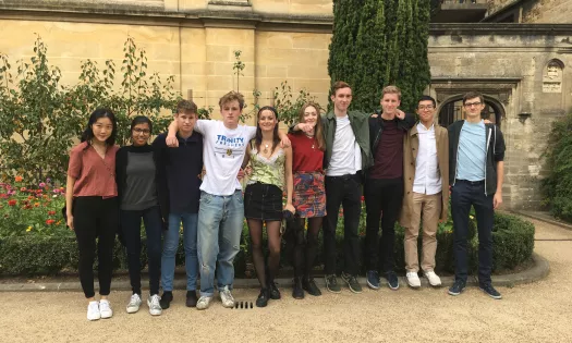 History Freshers stand in Trinity's front quad.