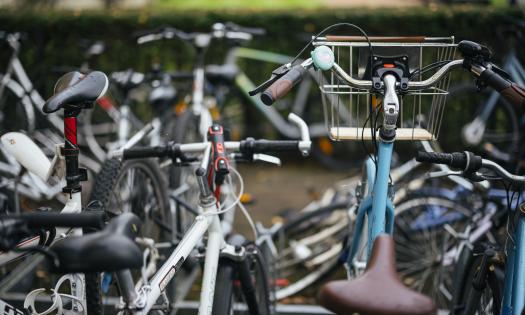 A close-up of bicycles parked in Trinity college.