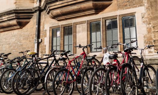 A cgroup of bicycles parked in Trinity college.