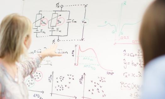 A whiteboard with computer science diagrams and equations on it and people looking at it out of focus.