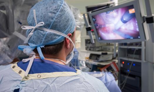 A surgeon in scrubs looks at display screen showing a surgery procedure.