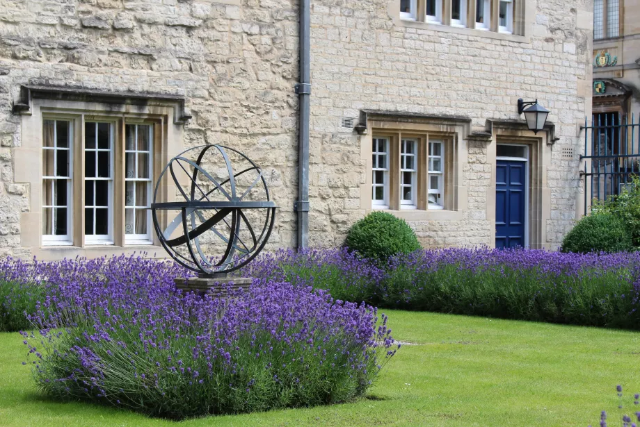 The Trinity lavender garden with Kettell Hall behind it.