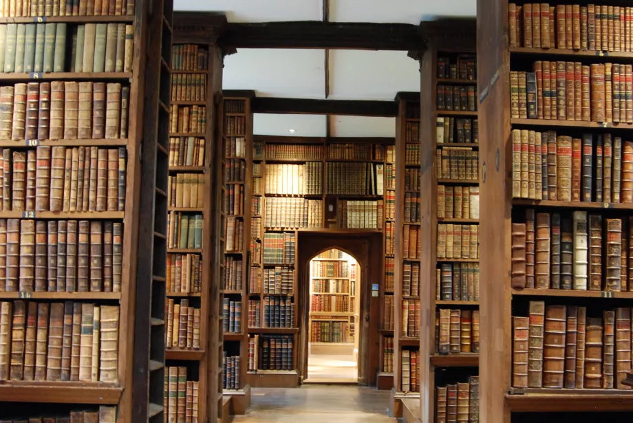 A view of Trinity's old library from the north, with stacks of old books and a door at the end into the Danson Library.