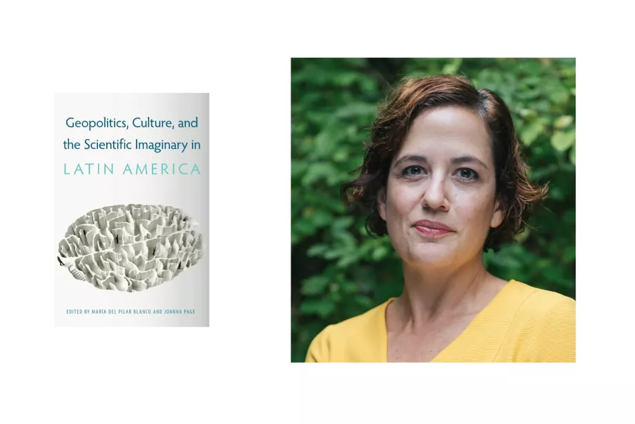 Maria next to the front cover of her book