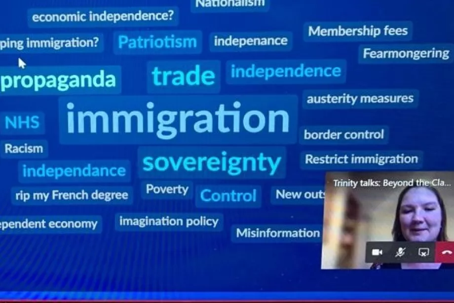 screenshot from a Trinity Talks session with a word cloud on the screen and the image of a Trinity postgraduate talking in the bottom right.