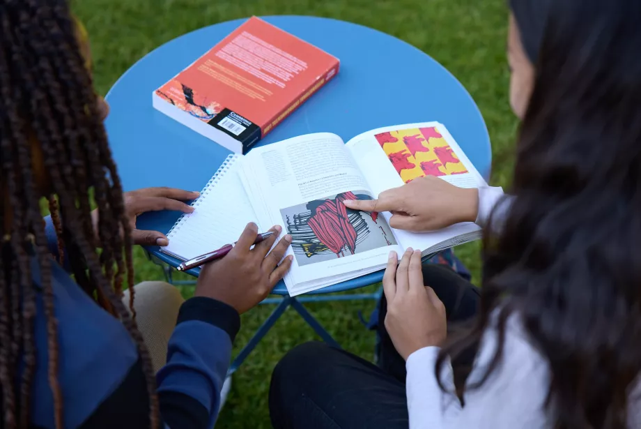 Two students consult a textbook together. 