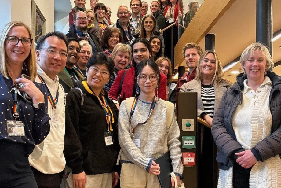 A group of teachers pose together at a Trinity college teacher CPD day.